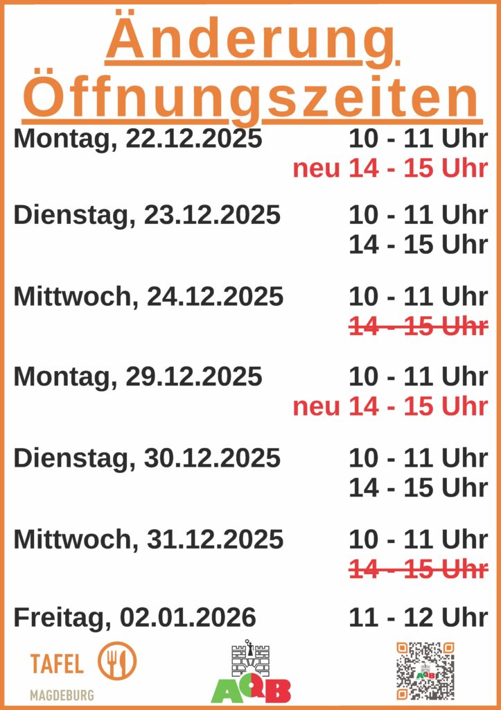 geänderte Öffnungszeiten über den Jahreswechsel 2026/2026 der Tafel Magdeburg